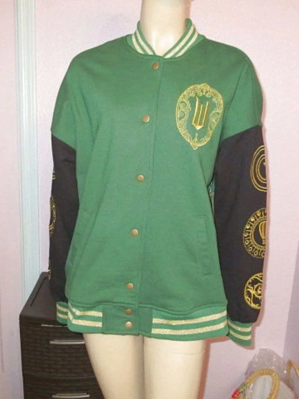 Wicked Emerald City Bomber Jacket Size M Glitter Embroidered Oversized Varsity - Picture 5 of 11